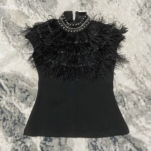 Gracia Black Stretch NWT Short Sleeve Blouse w Ostrich Feather Trim Women's M